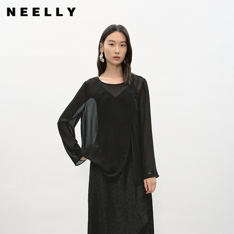 NEELLY纳俪商场同款夏新款纯色设计感长袖T恤女纽结随性收腰上衣