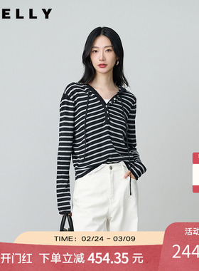 NEELLY纳俪商场同款春秋新款经典简约连帽条纹针织衫女舒适上衣