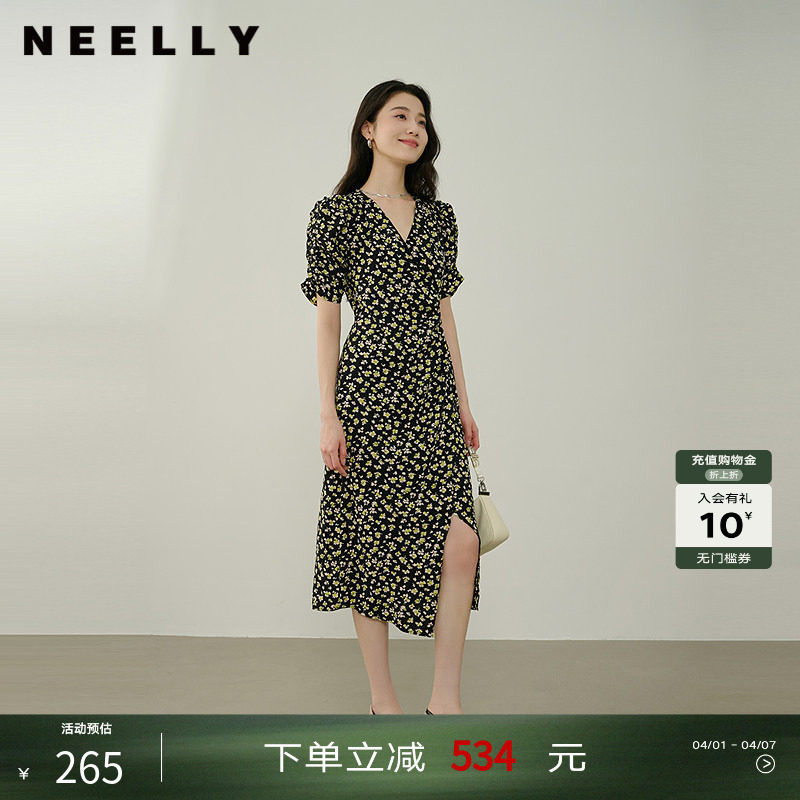 NEELLY纳俪商场同款夏新款法式复古碎花连衣裙女性感开衩收腰长裙