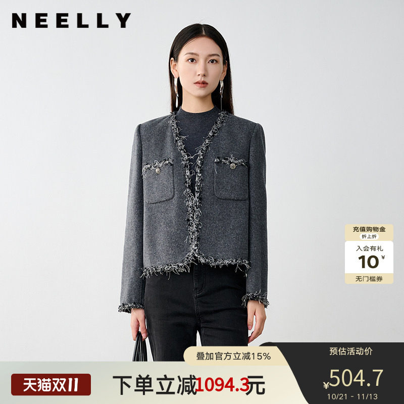 NEELLY纳俪商场同款冬新款小香风绵羊毛通勤短款灰色双面呢大衣女