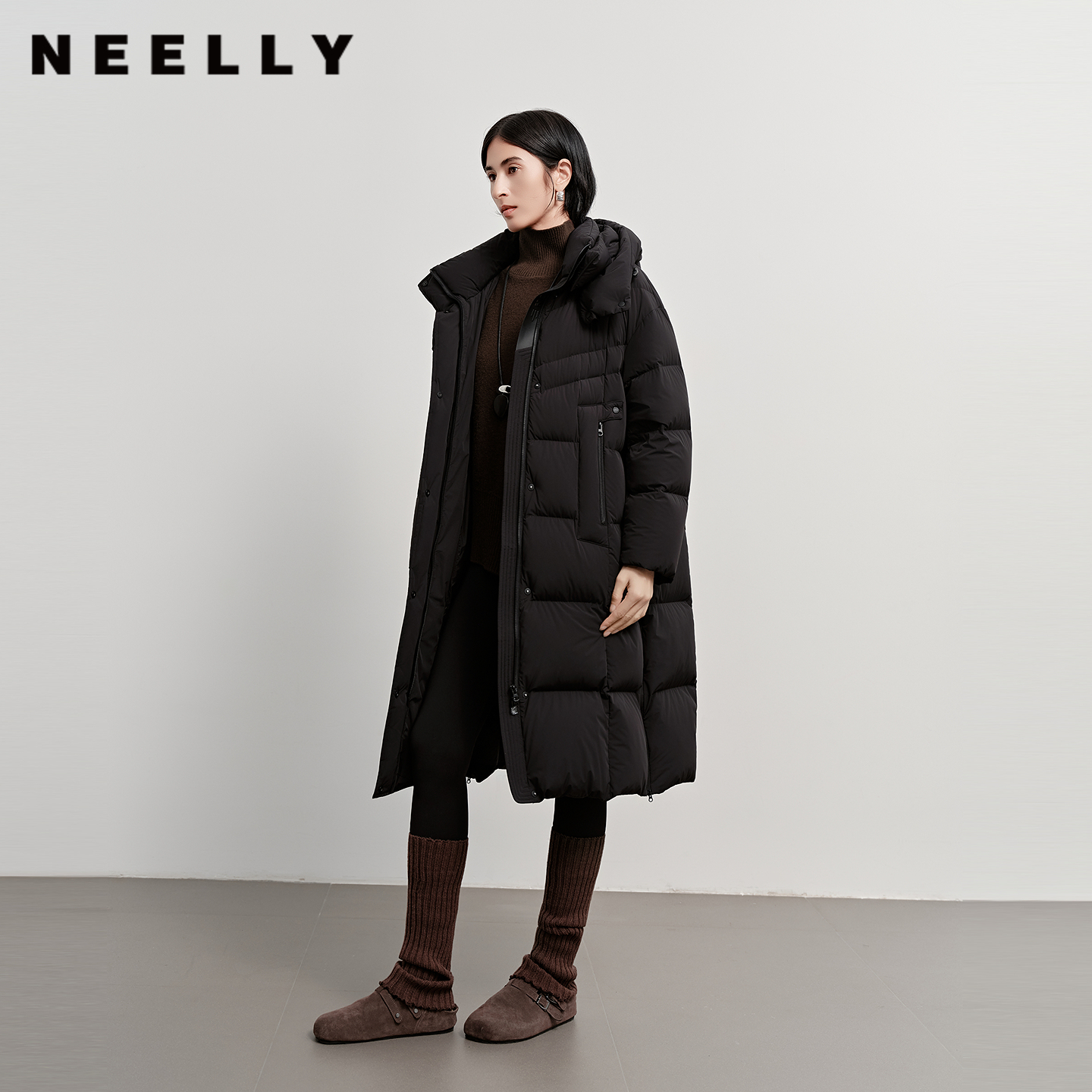 NEELLY纳俪商场同款冬新款时尚保暖长款羽绒服女90白鸭绒舒适外套