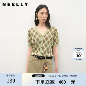 NEELLY纳俪商场同款夏新款V领格纹设计感针织开衫女撞色显白毛衣