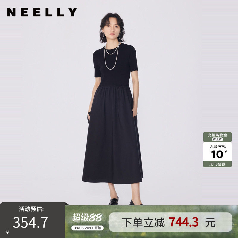 NEELLY纳俪商场同款夏新款黑色显瘦短袖针织拼接连衣裙女收腰长裙图片
