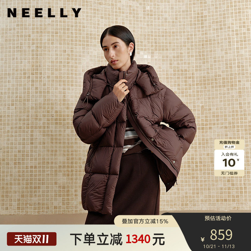 NEELLY纳俪商场同款冬季新款宽松直筒羽绒服女白鸭绒法式保暖外套