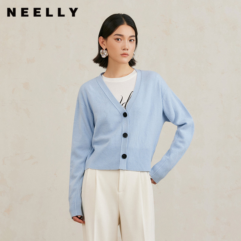 NEELLY纳俪商场同款冬季新款纯羊毛V领针织衫女肌理感毛衣开衫