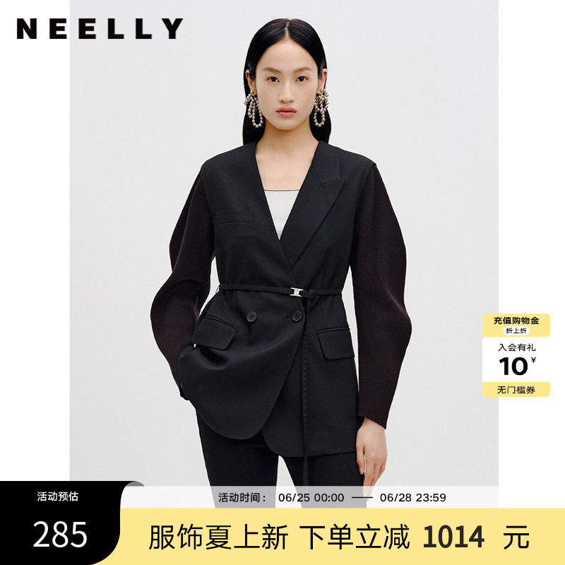 NEELLY纳俪商场同款黑色西装外套春秋新款双排扣系带高级气质感女