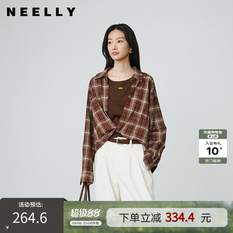 NEELLY纳俪商场同款春秋新款时尚复古格纹磨毛衬衫女百搭两件套