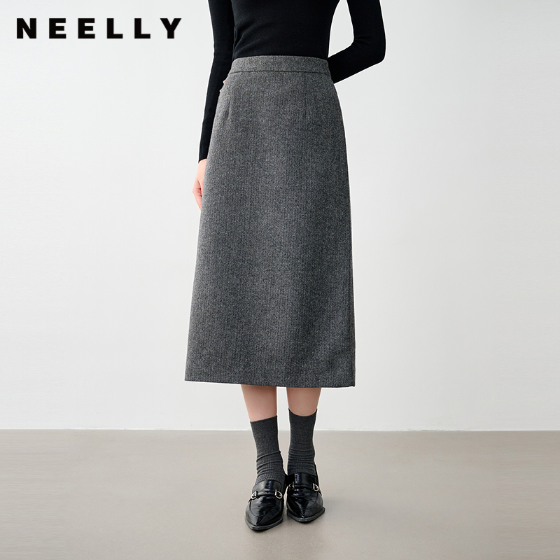 NEELLY纳俪商场同款冬季新款通勤百搭绵羊毛半身裙女半开叉长裙
