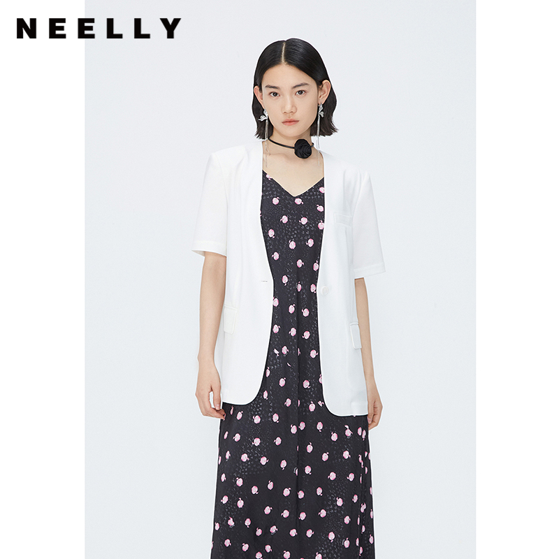 NEELLY纳俪商场同款法式小西装外套女夏季气质短袖一粒扣垂感上衣