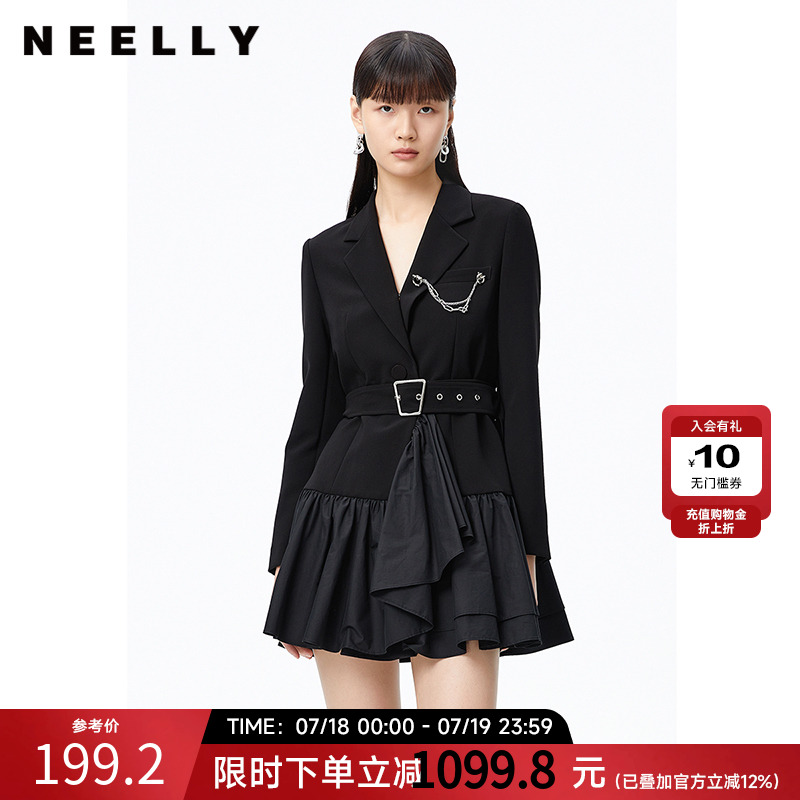 NEELLY纳俪商场同款春季西装连衣裙女收腰系带中长款拼接A字裙潮