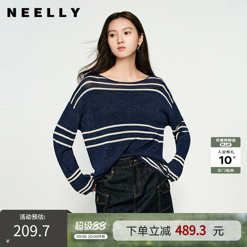 NEELLY纳俪商场同款春秋新款条纹一字肩撞色针织衫女圆领显白毛衣
