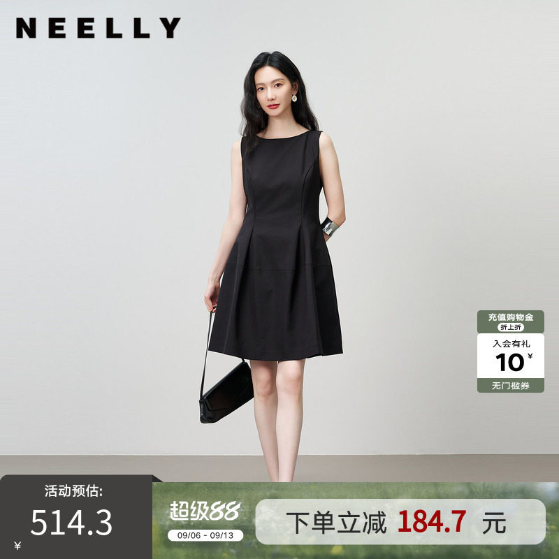 NEELLY纳俪商场同款夏新款无袖收腰小黑裙女赫本风小个子A字长裙