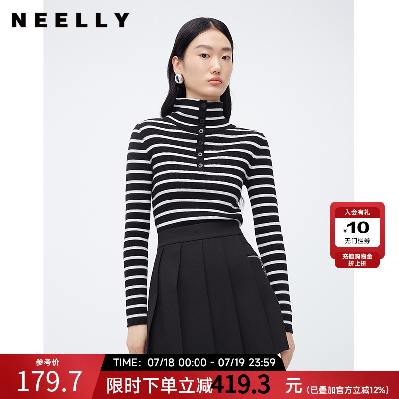 基础款黑白条纹毛衣女NEELLY纳俪商场同款100%绵羊毛高领针织内搭