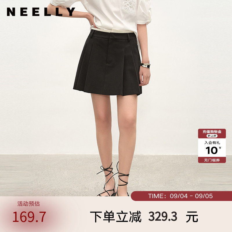 NEELLY纳俪商场同款夏季新款经典学院风百褶裙女显瘦遮胯百搭短裙