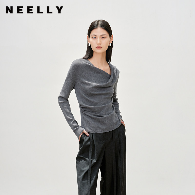 NEELLY纳俪商场同款春新款气质优雅不对称荡领长袖女垂坠量感上衣
