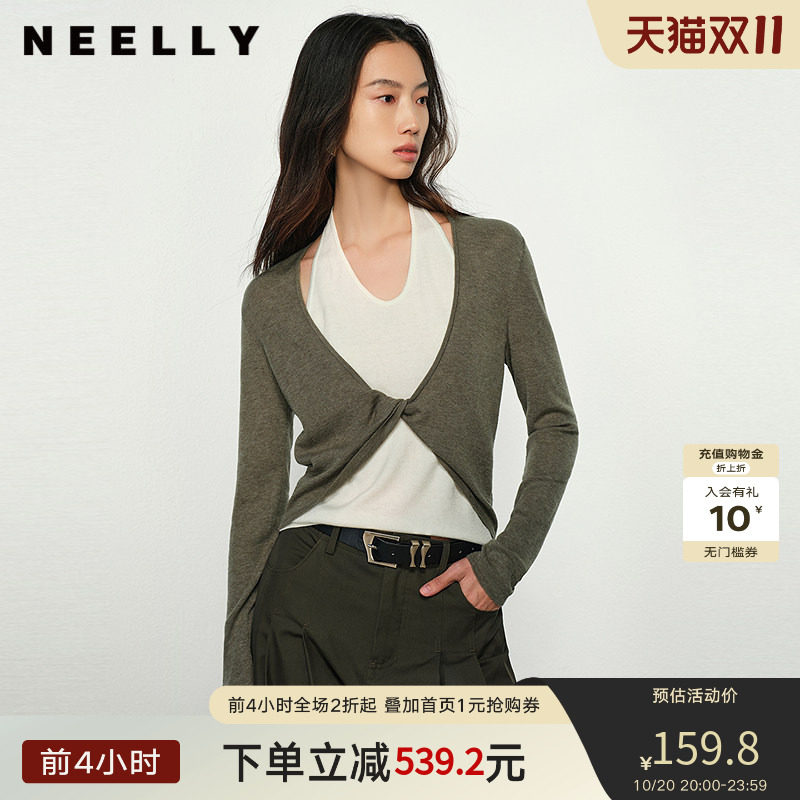NEELLY纳俪商场同款春新款设计感假两件针织衫女高级显瘦挂脖上衣