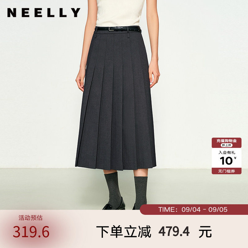 NEELLY纳俪商场同款春新款经典时尚百褶裙女高腰垂感中长款半身裙