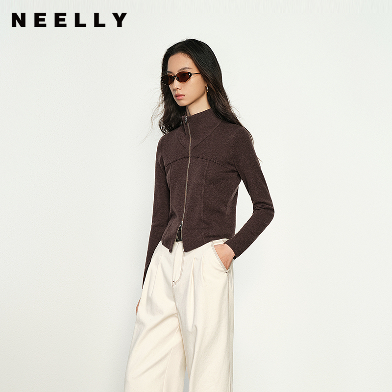 NEELLY纳俪商场同款秋冬新款拉链简约针织衫女毛衣修身显瘦开衫