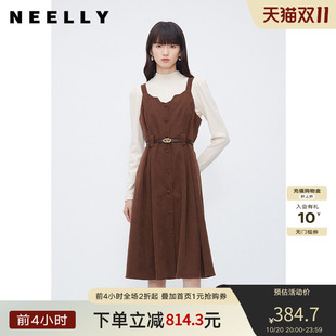 NEELLY纳俪商场同款法式套装背带裙秋冬高级感甜美显瘦毛衣连衣裙