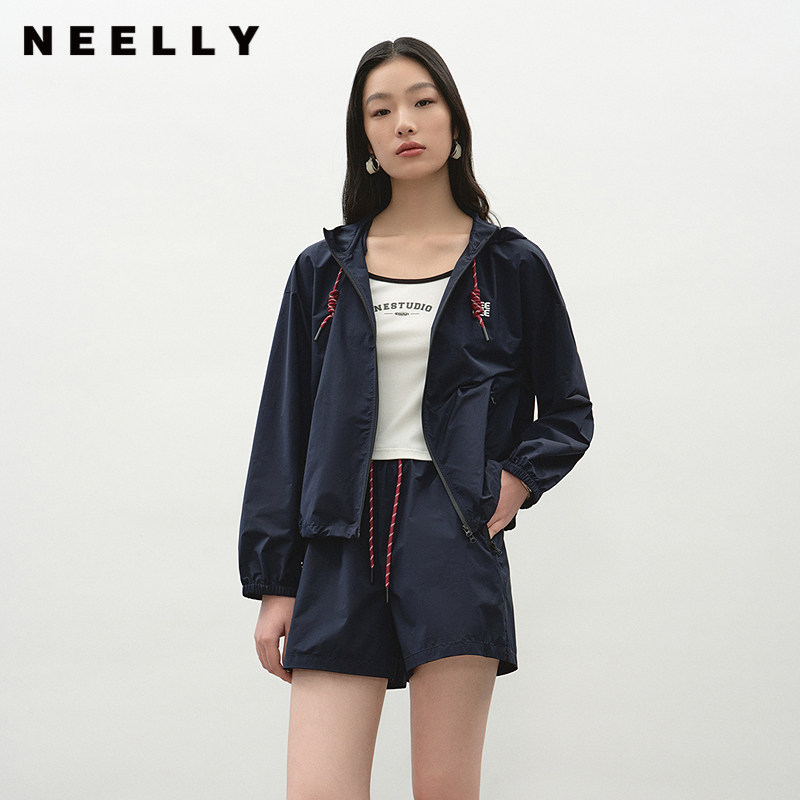 NEELLY纳俪商场同款夏季新款运动风时尚套装女休闲连帽上衣两件套