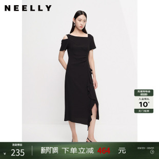 修身 NEELLY纳俪商场同款 时尚 新款 连衣裙女百搭收腰开衩长裙 夏季