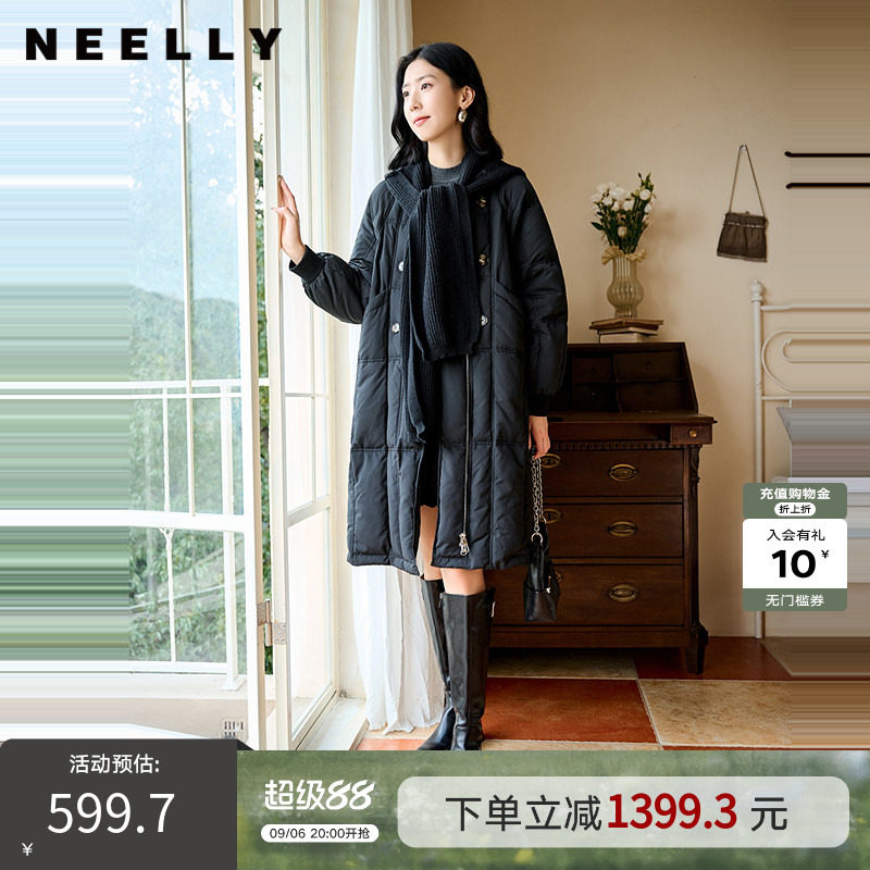 NEELLY纳俪商场同款冬季新款通勤简约毛领长款羽绒服女保暖外套