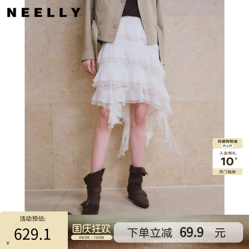 NEELLY纳俪商场同款秋新款不规则蕾丝蛋糕半身裙女荷叶边飘带纱裙