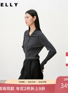 NEELLY纳俪商场同款春秋新款百搭翻领修身针织衫女显瘦气质上衣