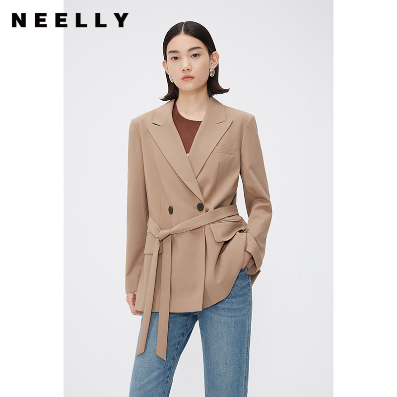 NEELLY纳俪商场同款气质西装外套时尚百搭高级设计感绑带收腰西服