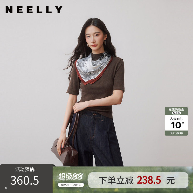 NEELLY纳俪商场同款秋新款半高领短袖针织女搭配复古丝巾坑条上衣