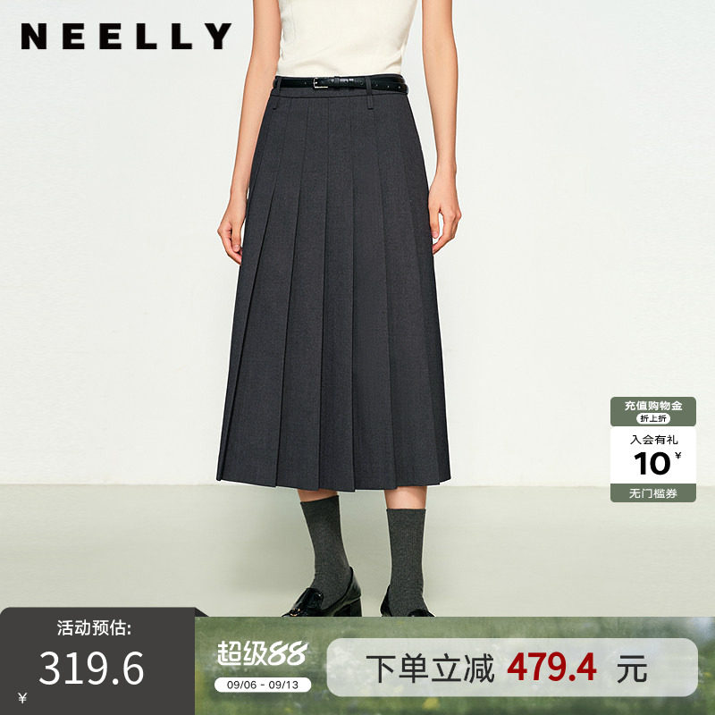 NEELLY纳俪商场同款春新款经典时尚百褶裙女高腰垂感中长款半身裙