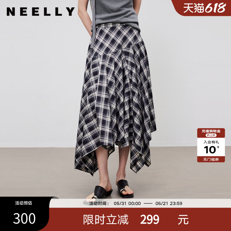 NEELLY纳俪商场同款夏新款不规则格纹半身裙女复古百搭大摆中长裙