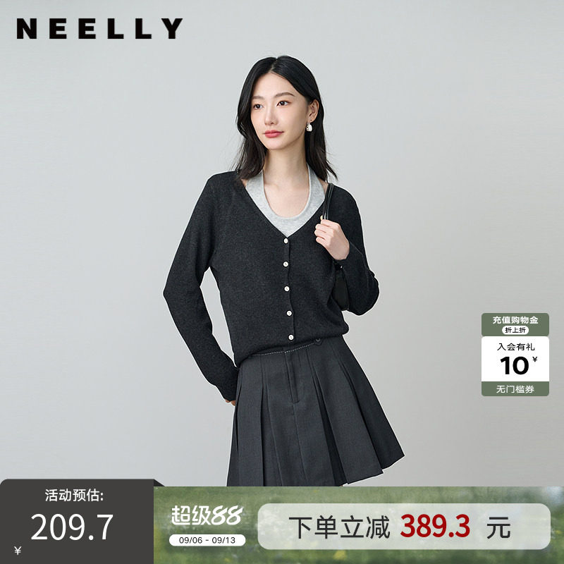 NEELLY纳俪商场同款春新款设计感假两件挂脖针织衫女休闲百搭上衣