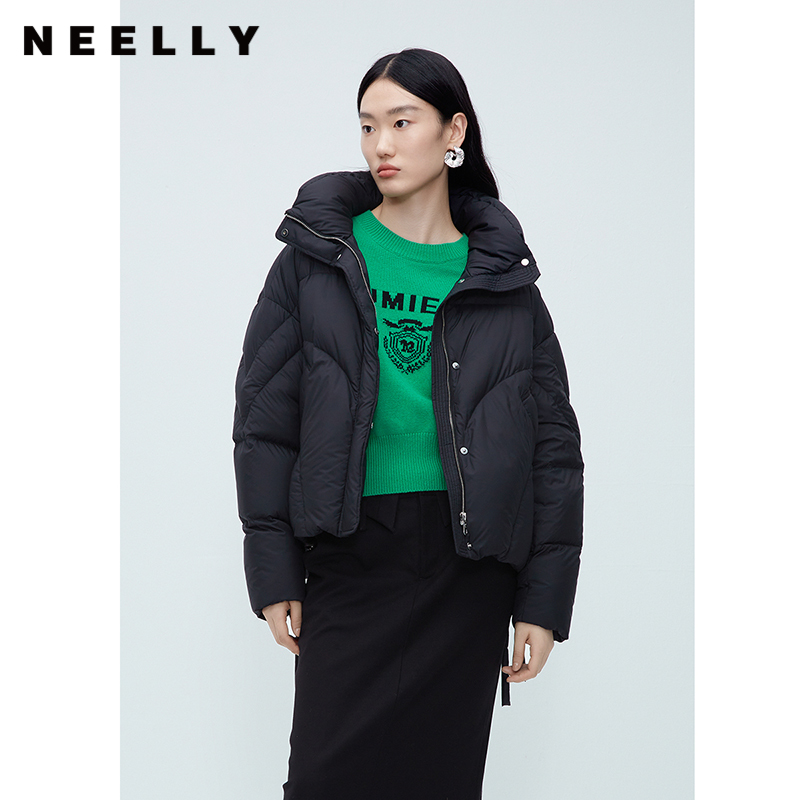 短款拉链羽绒服保暖加厚NEELLY纳俪商场同款侧边飘带立领时尚外套