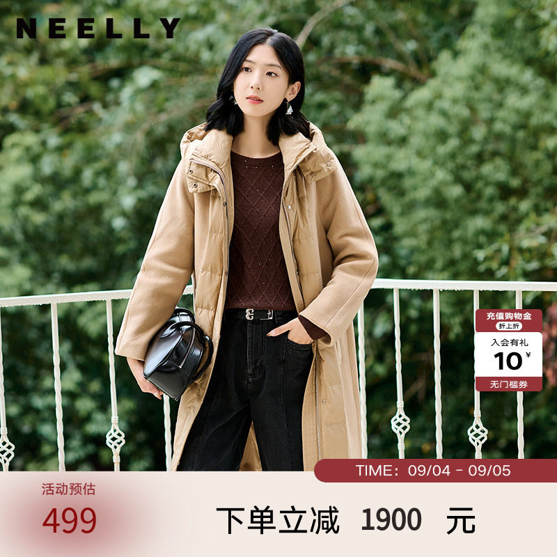 NEELLY纳俪商场同款冬季新款连帽羽绒拼接长款双面呢大衣外套女