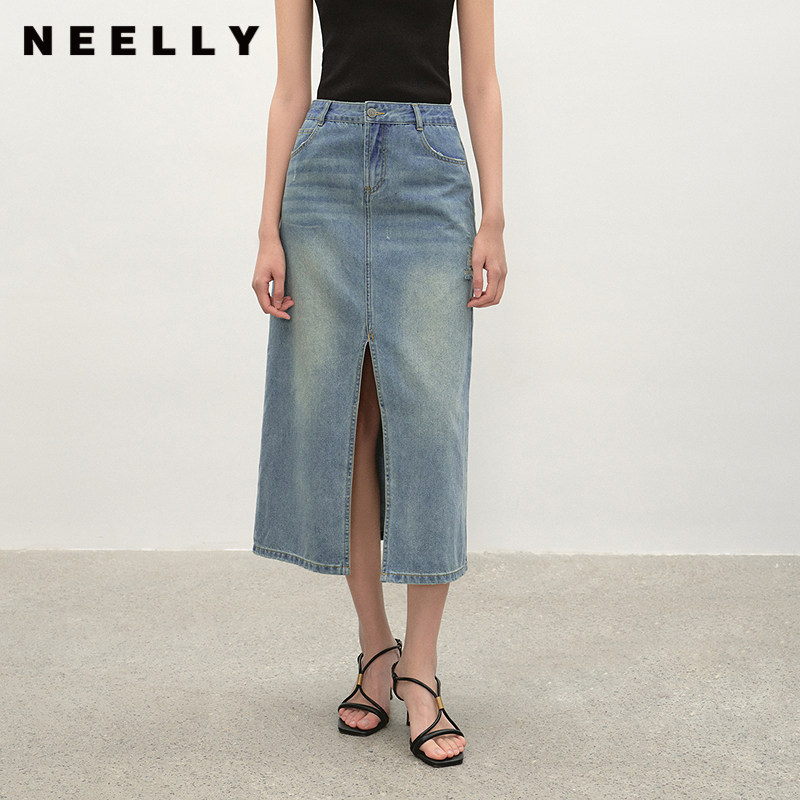 NEELLY纳俪商场同款夏季新款经典开叉牛仔半身裙女时尚水洗A字裙