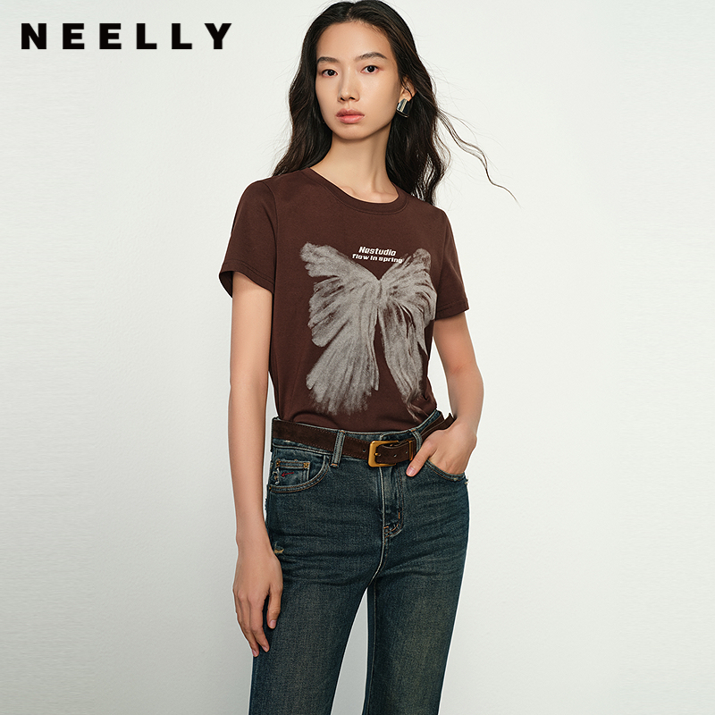 NEELLY纳俪商场同款秋冬新款圆领蝴蝶印花长袖T恤女修身显瘦上衣