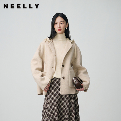 NEELLY纳俪商场同款冬新款连帽羊毛短款双面呢大衣女气质减龄外套