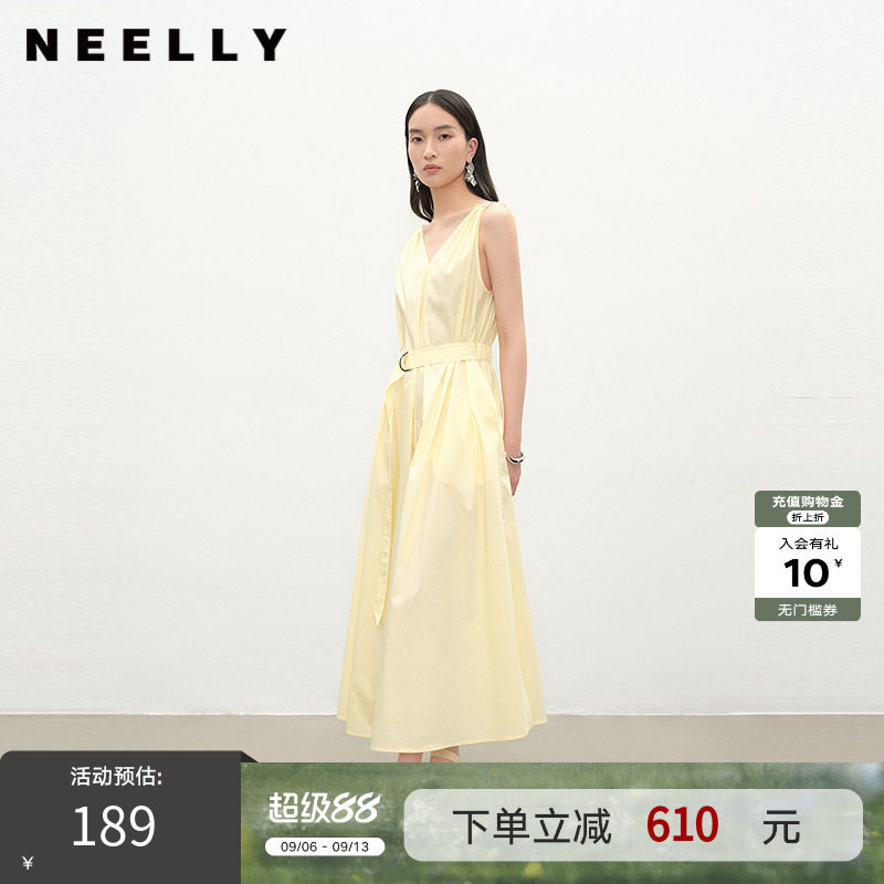 NEELLY纳俪商场同款夏季新款法式V领收腰连衣裙女亮眼优雅长裙