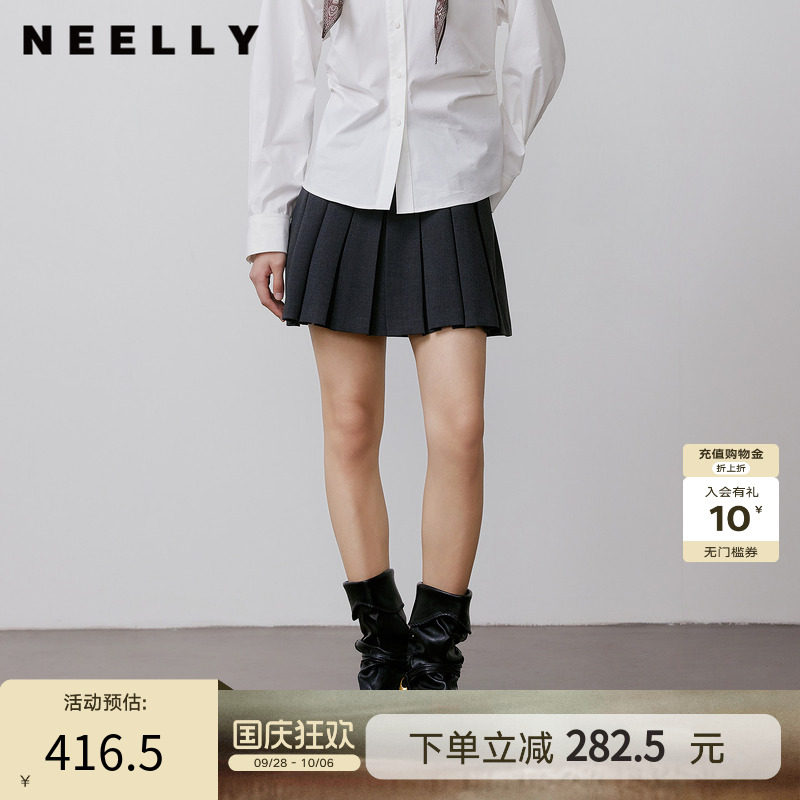 NEELLY纳俪商场同款秋季新款经典学院风减龄百褶裙女气质百搭短裙