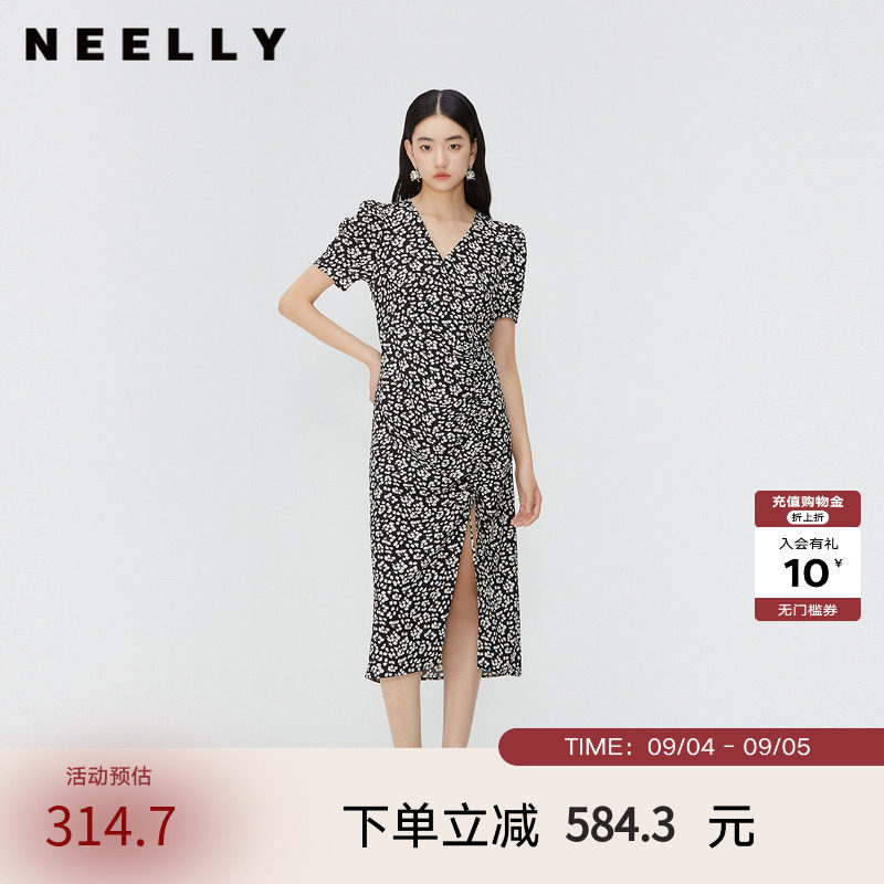 NEELLY纳俪商场同款春季新款法式复古碎花茶歇裙女修身开衩长裙