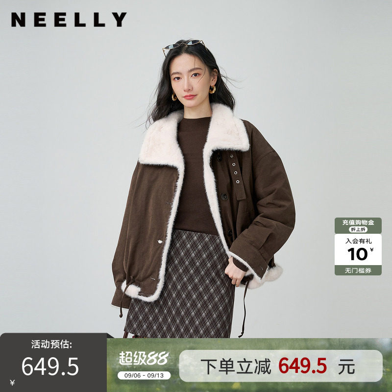 NEELLY纳俪商场同款冬新款复古质感皮毛一体外套女休闲慵懒短外套