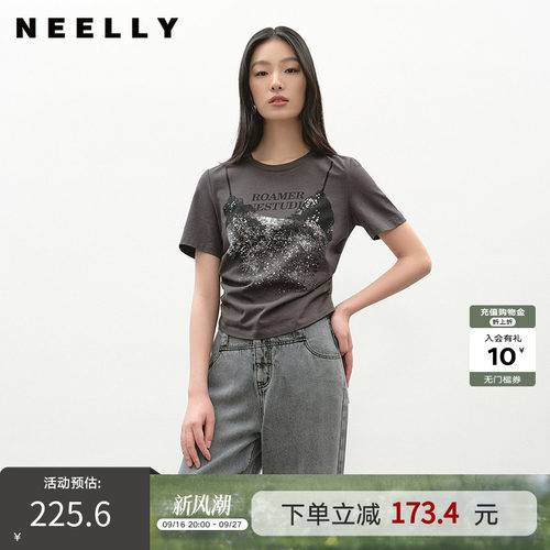 NEELLY纳俪商场同款夏季新款圆领印花修身T恤女百搭显瘦舒适上衣