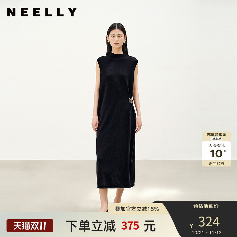 NEELLY纳俪商场同款秋季新款空气感亲肤无袖连衣裙女休闲背心长裙