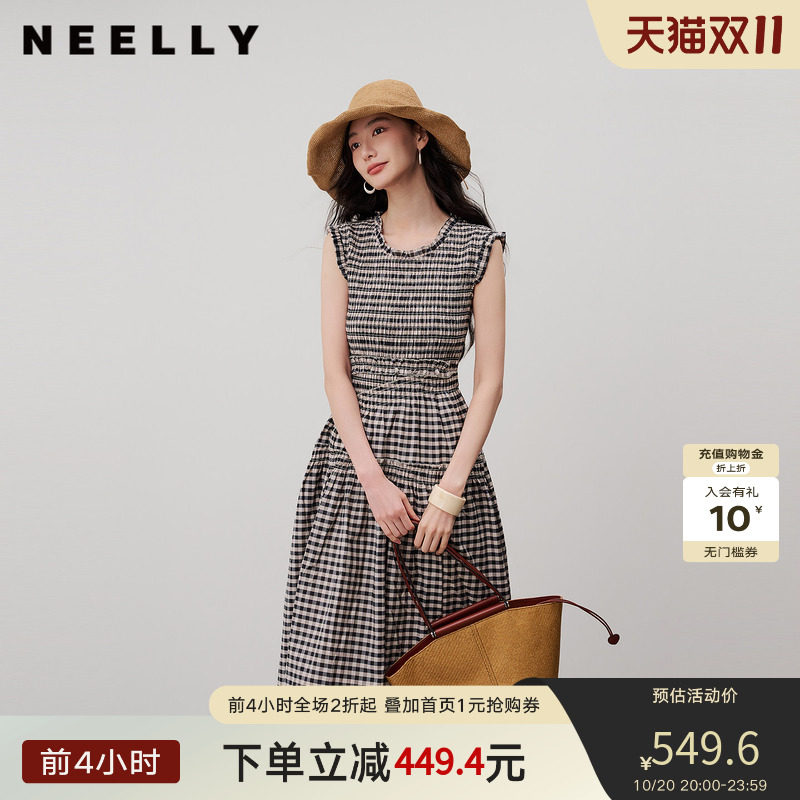 NEELLY纳俪商场同款夏新款复古黑白格连衣裙女无袖修身木耳边长裙
