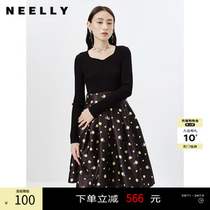 NEELLY纳俪春秋新款针织拼接连衣裙女韩版碎花A字中长款打底裙