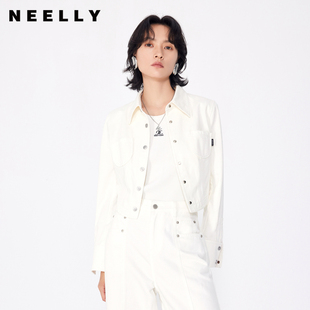 春新款 NEELLY纳俪商场同款 白色简约牛仔短外套女正肩百搭显瘦上衣