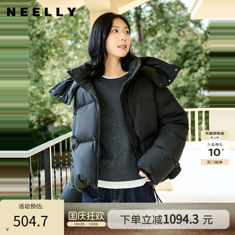 NEELLY纳俪商场同款冬季新款连帽短款面包羽绒服女白鸭绒保暖外套