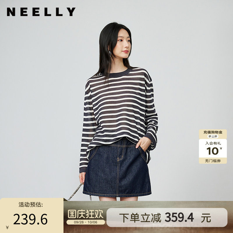 NEELLY纳俪商场同款秋季新款时尚圆领条纹T恤女宽松舒适针织衫