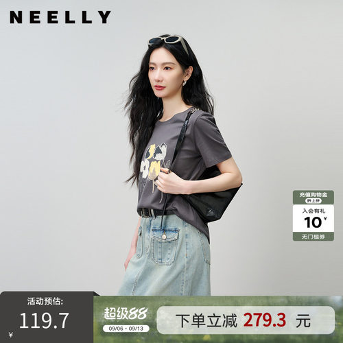 NEELLY纳俪商场同款夏季新款灰色圆领印花T恤女纯棉小众短袖上衣